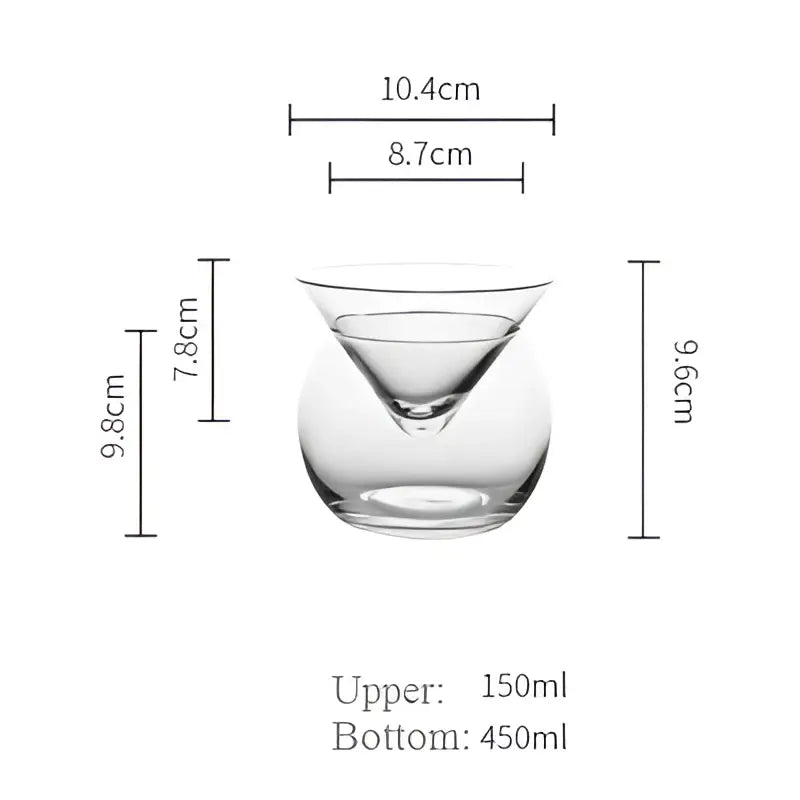Clear glass cocktail shaker with conical upper section and rounded base for minimalist 150ml stemless martini chiller use