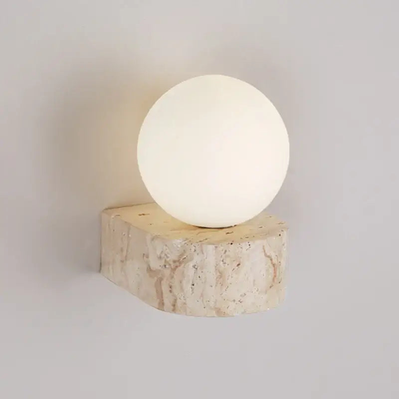 Minimalist wall light with a matte white glass lampshade and textured beige stone base for bedroom decorbites wall lights