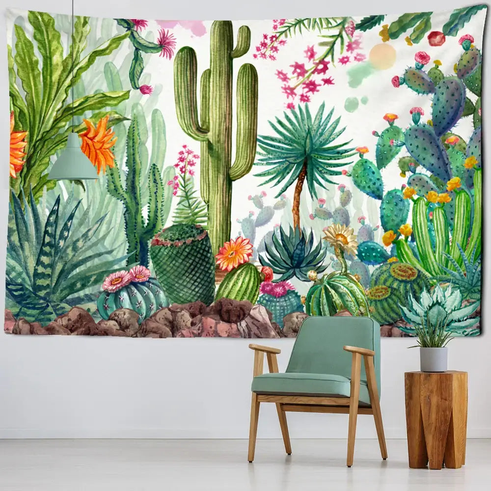 Minimalist teal cactus tropical plant tapestry with vibrant watercolor greens and pink flowers for children’s room decorbites cactus tropical