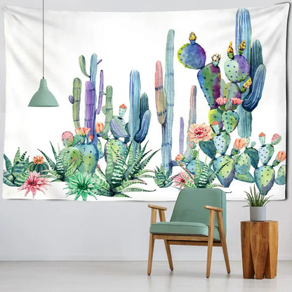 Minimalist teal cactus tropical plant tapestry with vibrant green, blue, and purple succulents and pink flowers for children’s decorbites cactus tropical room decor