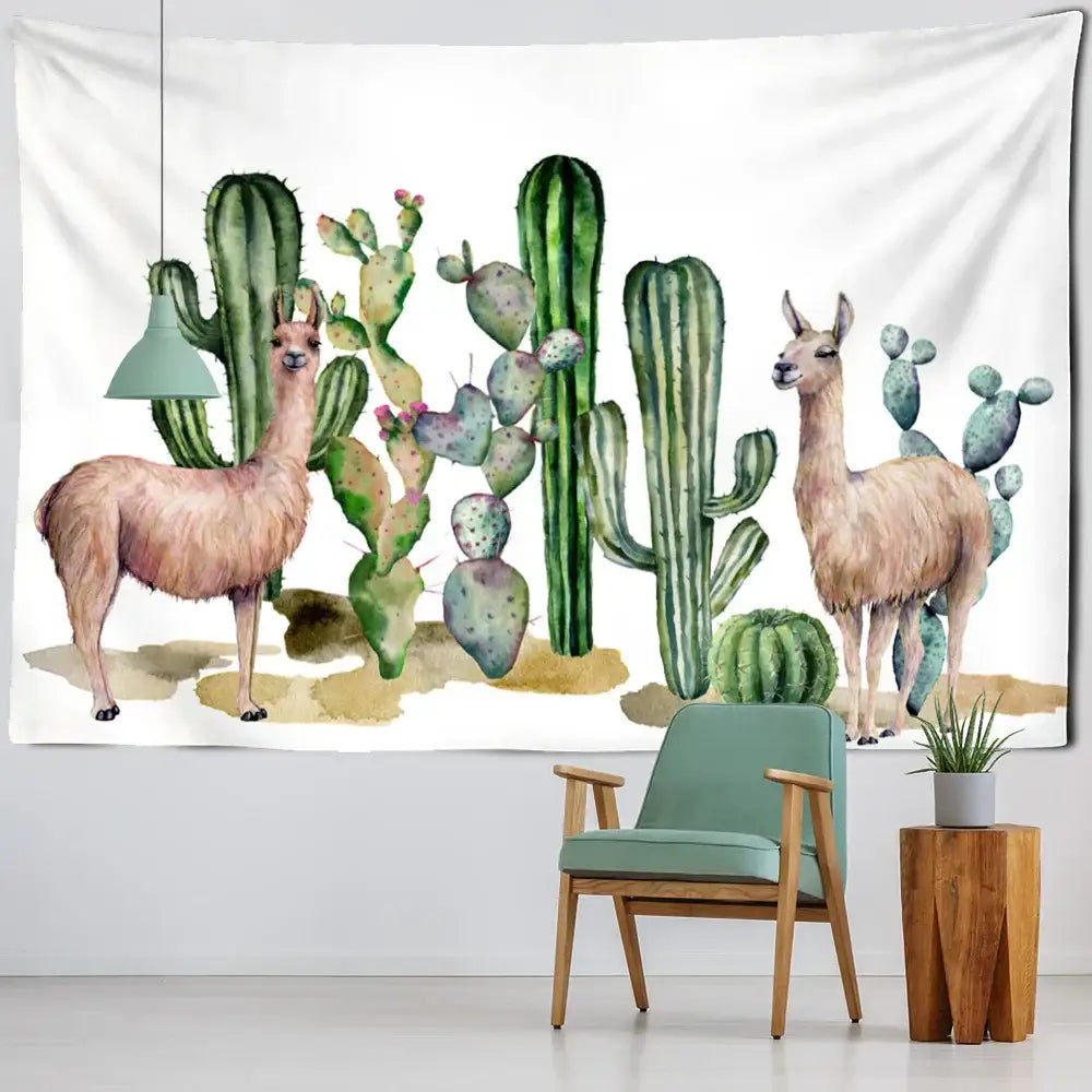 Minimalist teal cactus tropical plant tapestry featuring tan llamas and green cacti for children’s room decorbites cactus tropical decor