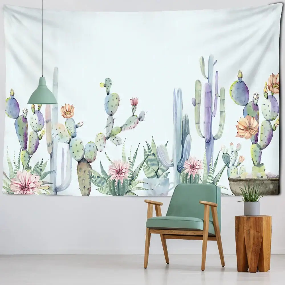 A soft pastel watercolor cactus tropical plant tapestry with vibrant greens and purples for children’s room decorbites decor