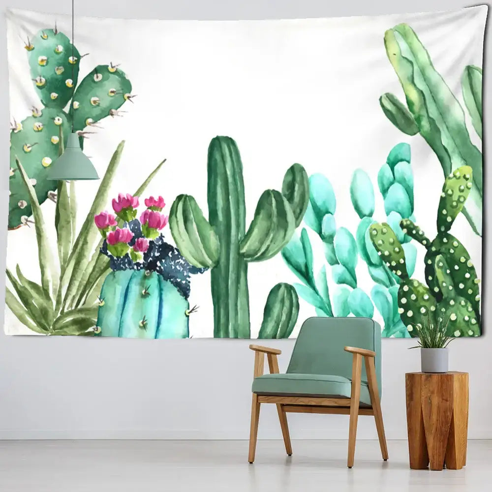 Minimalist teal cactus tropical plant tapestry with watercolor cactus and pink flowers for children’s room decorbites cactus tropical