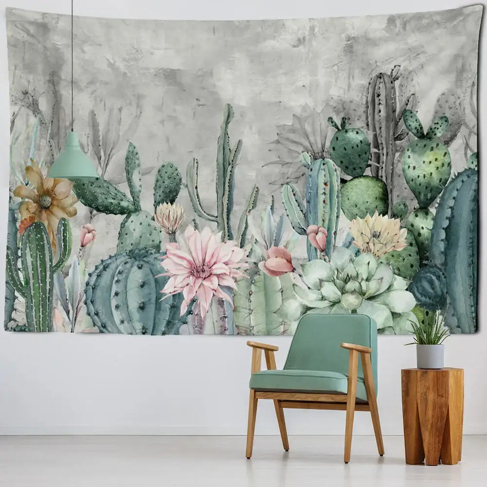 A soft teal armchair with wooden legs and minimalist design beside a decorbites cactus tropical plant tapestry for children’s room decor