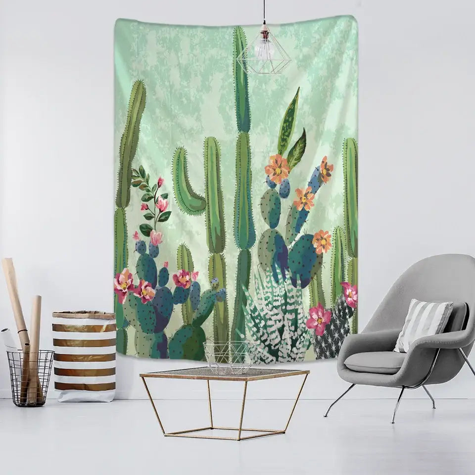 Minimalist teal cactus tropical plant tapestry with tall spiky green cacti and colorful flowers for children room decorbites cactus tropical