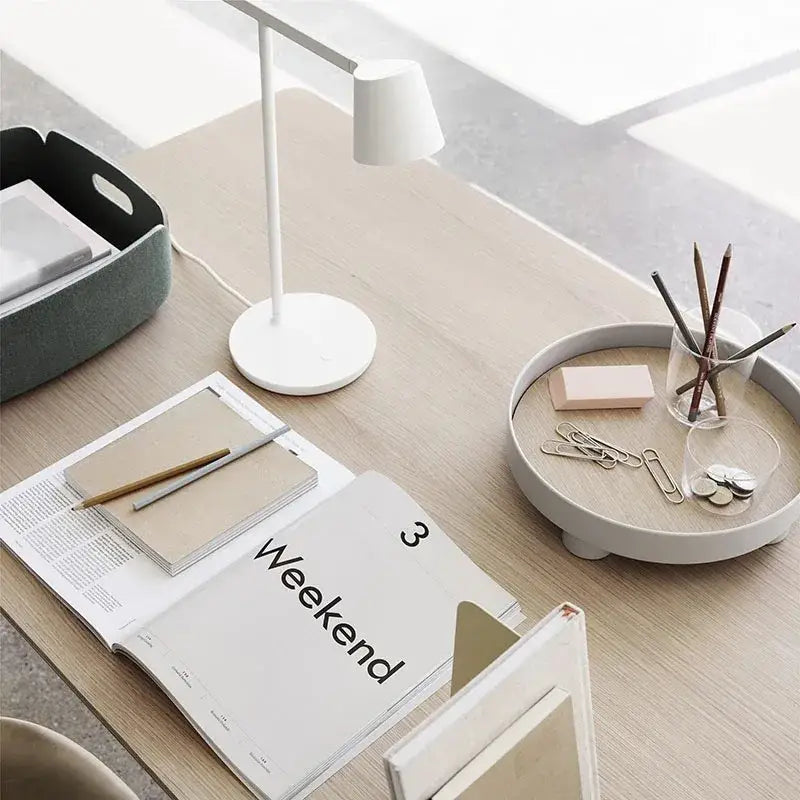 White minimalist desk lamp with slender stand and conical shade from decorbites adjustable nordic desk collection