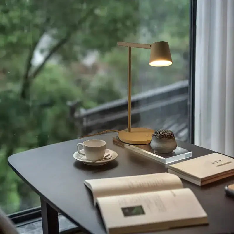 Minimalist brass table lamp with warm glowing shade and dimmable desk light feature for bedroom decorbites dimmable desk
