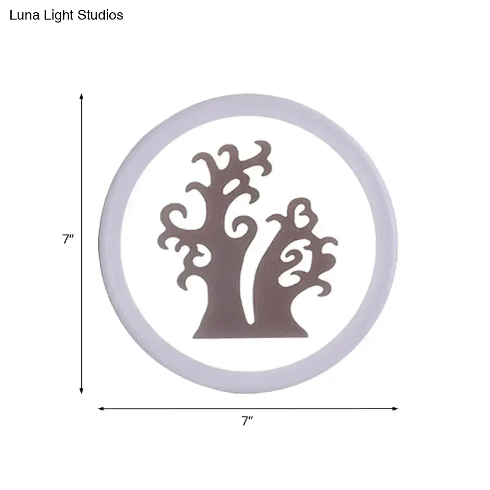 Circular matte gray tree silhouette acrylic wall lamp with matching frame ideal as a minimalist inch fixture wall lamp