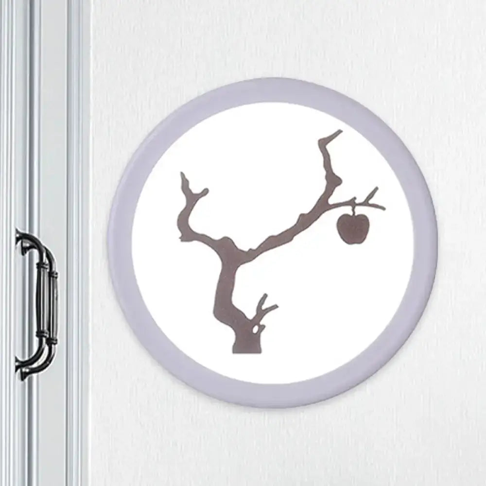 Minimalist tree silhouette acrylic wall lamp with a white inch fixture and coffee gray ring for bedroom decor