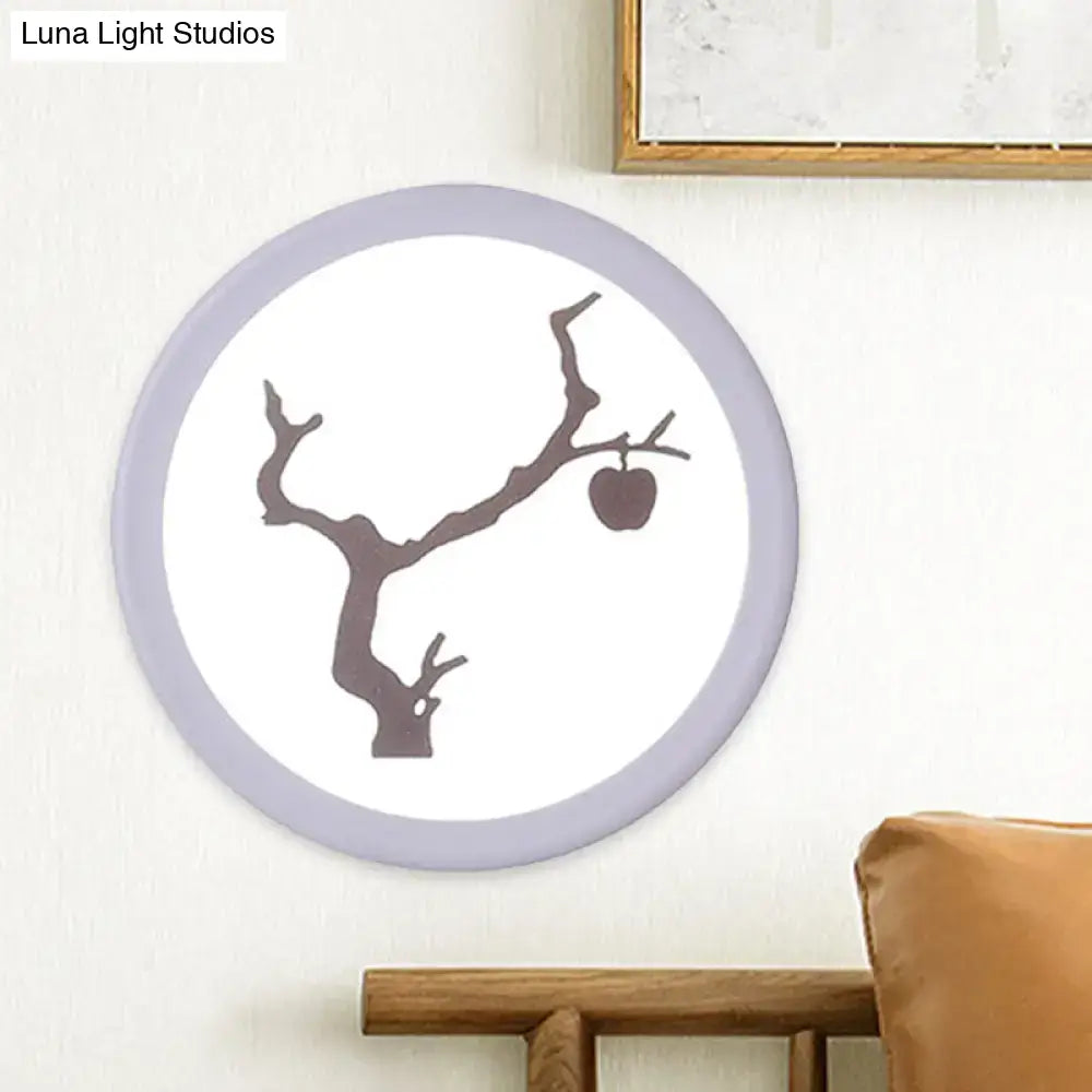 Minimalist tree silhouette acrylic wall lamp with soft lavender frame and white center 12 inch fixture for bedroom decor