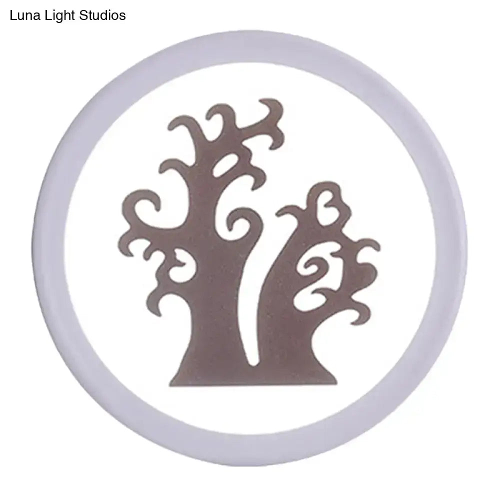 Minimalist tree silhouette acrylic wall lamp with a 12 inch white frame and coffee brown intricate swirling branches design