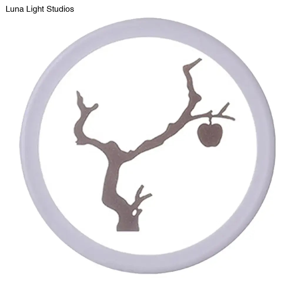 Minimalist tree silhouette acrylic wall lamp with matte gray frame and embossed apple branch 12 inch fixture for bedroom