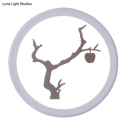 Minimalist tree silhouette acrylic wall lamp with matte gray frame and embossed apple branch 12 inch fixture for bedroom