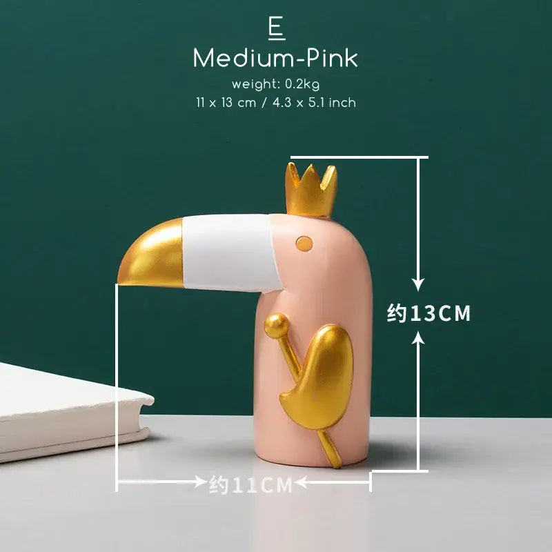 Minimalist turquoise and gold decorbites bird figurine office phone holder in medium pink with gold crown and beak details