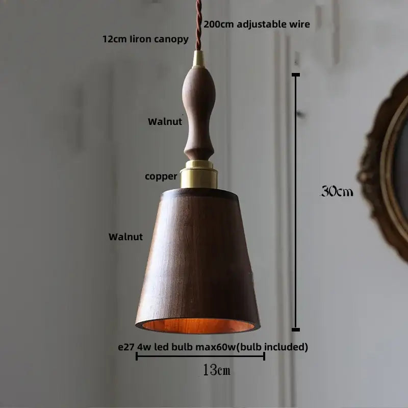 Minimalist walnut and brass glass led pendant lamp with dark walnut wood shade and iron canopy for dining room lighting