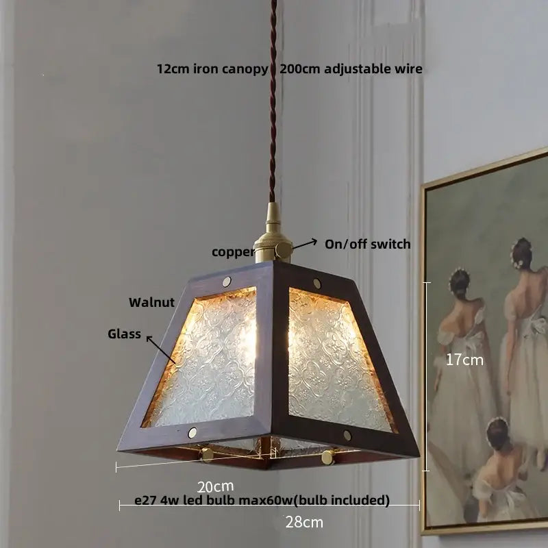 Minimalist walnut and brass glass led pendant lamp with dark walnut iron canopy and copper accents for dining room lighting