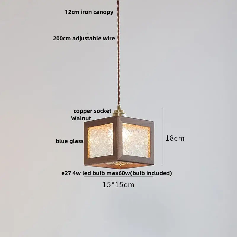 Minimalist walnut and brass glass led pendant lamp with blue textured panels and adjustable copper socket for dining room