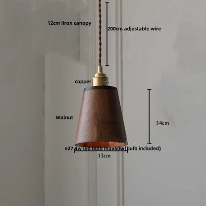 Minimalist walnut and brass glass led pendant lamp featuring a warm-toned wood pendant lamp with copper fixture and adjustable wire