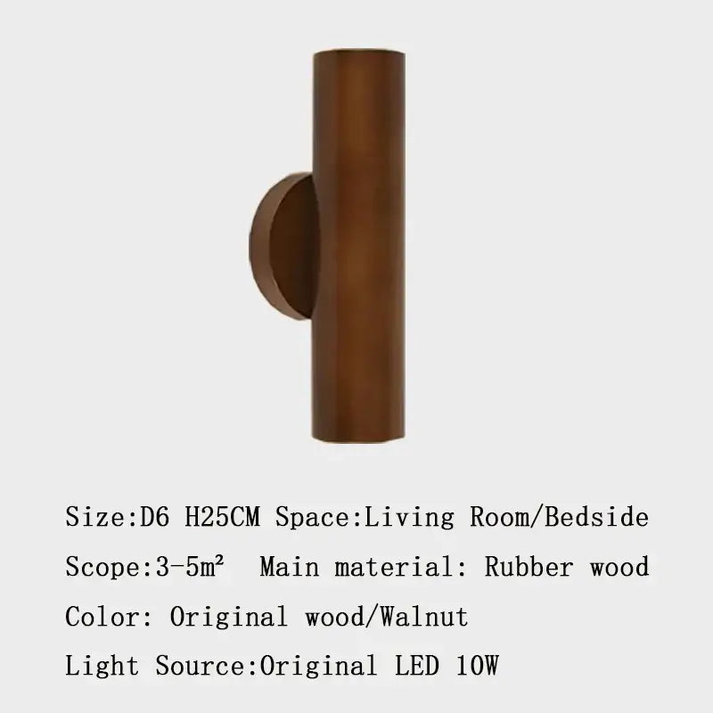 Minimalist walnut and natural led wood wall lamp featuring a walnut-finished rubber wood wall sconce with sleek cylindrical design