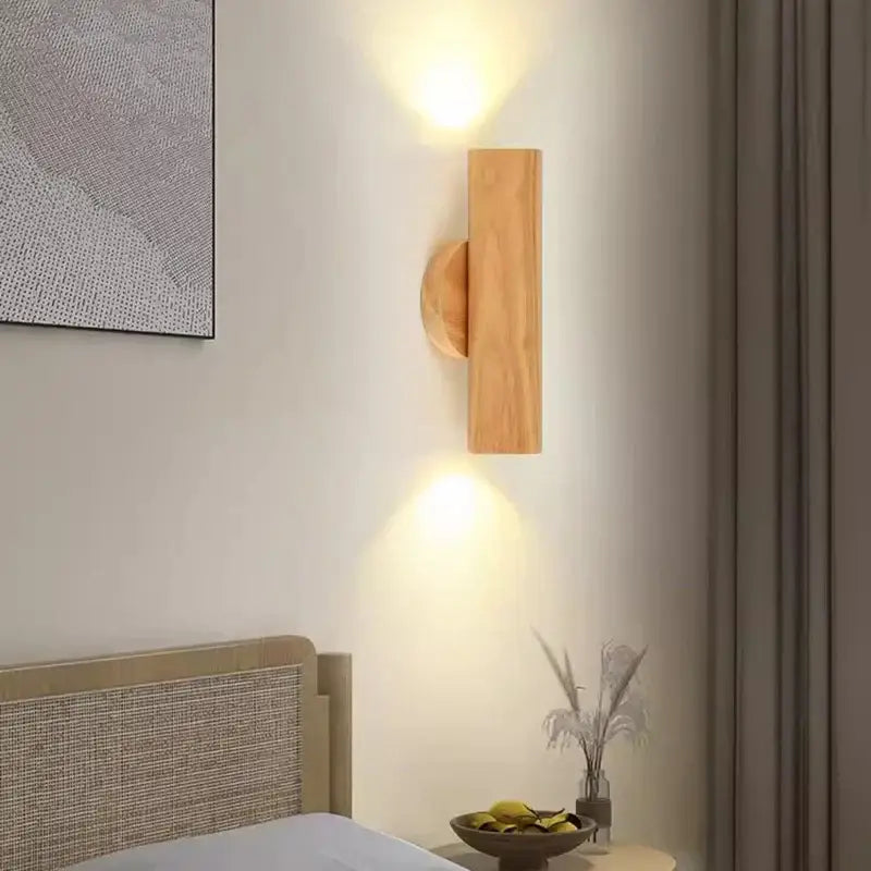Minimalist walnut and natural led wood wall lamp with light wood finish and circular base by decorbites led wood wall lamp