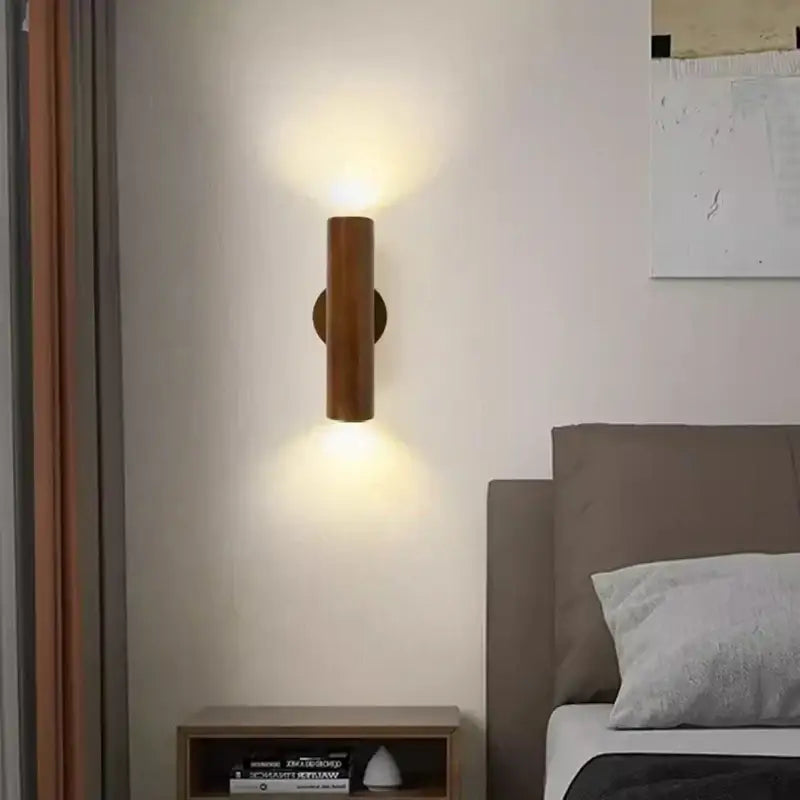 Minimalist walnut and natural decorbites led wood wall lamp with warm-toned cylindrical wood finish for bedroom decor