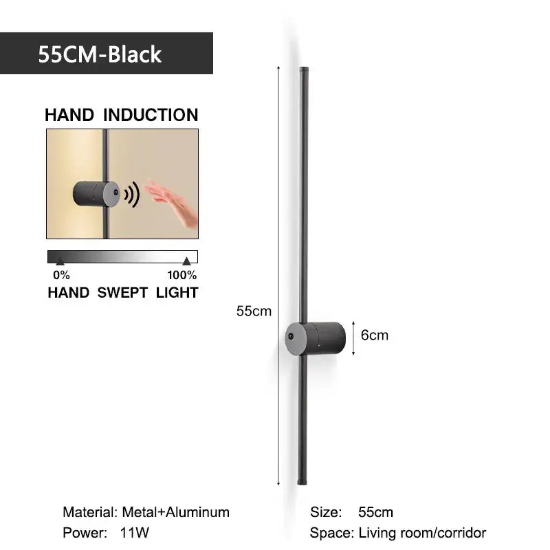 Minimalist white 360 rotation led wall lamps with 55cm black hand induction metal and aluminum decorbites led wall design