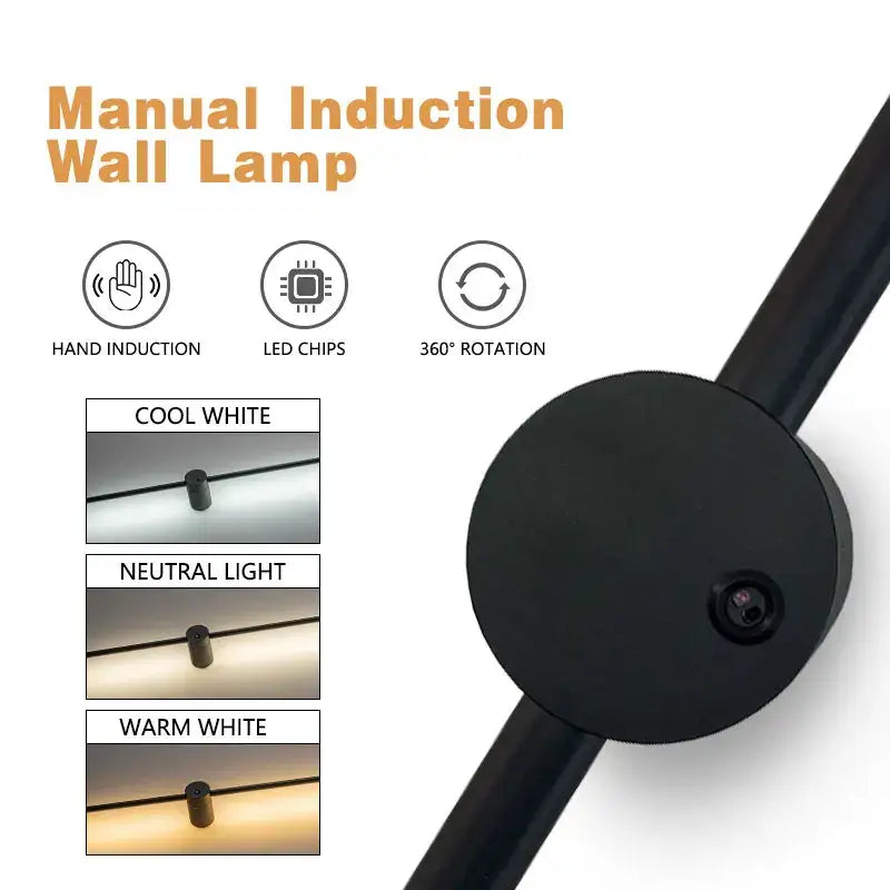 Black manual induction led wall lamp with 360° rotation offering cool, neutral, and warm white light for decorbites led wall use