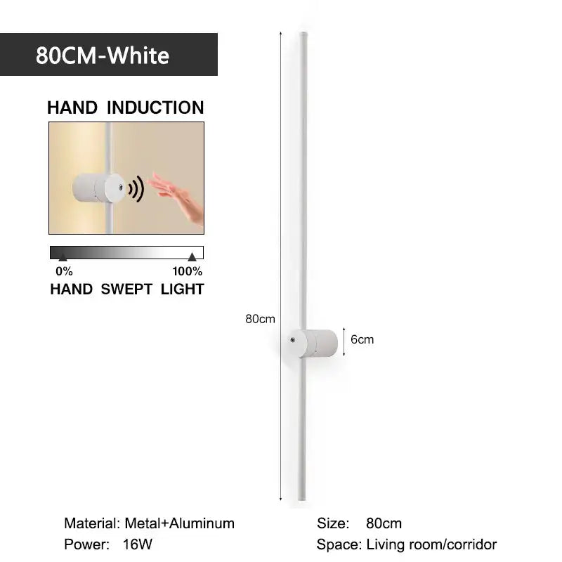 Minimalist white 80cm led wall lamp with metal and aluminum construction featuring 360 rotation and motion sensor