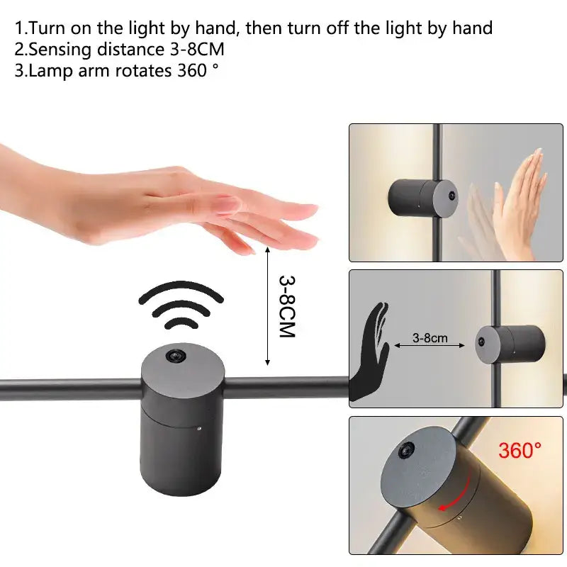 Black cylindrical smart wall lamp with circular sensor top and 360-degree rotating arm for decorbites led wall lamps