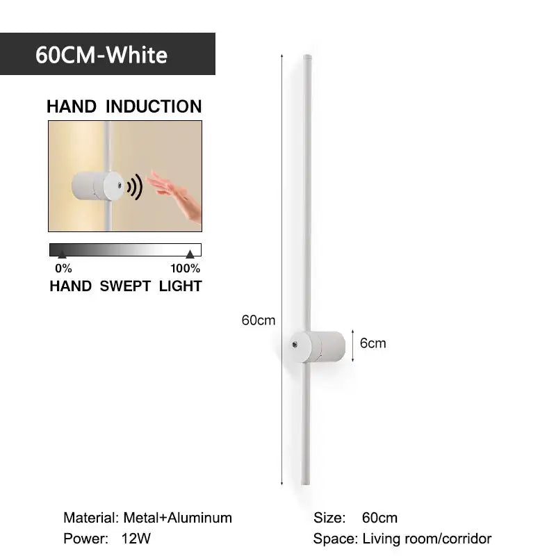 Minimalist white 60cm hand induction led wall lamp with metal and aluminum construction for bedroom decorbites led wall use
