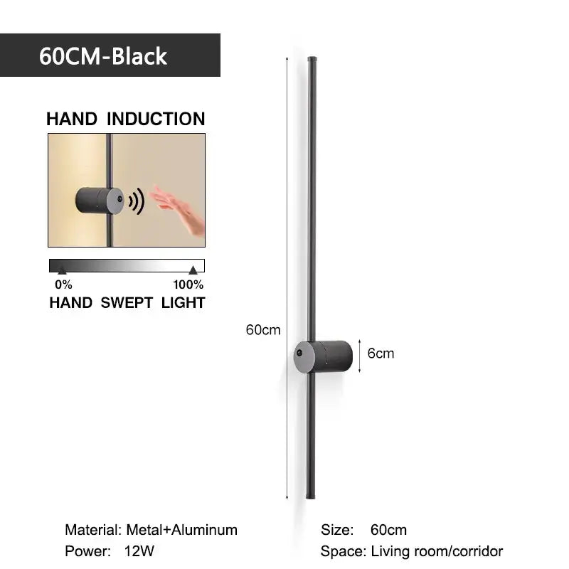 Black 60cm hand induction wall lamp with metal and aluminum construction for minimalist white 360 rotation led wall lamps decorbites led wall