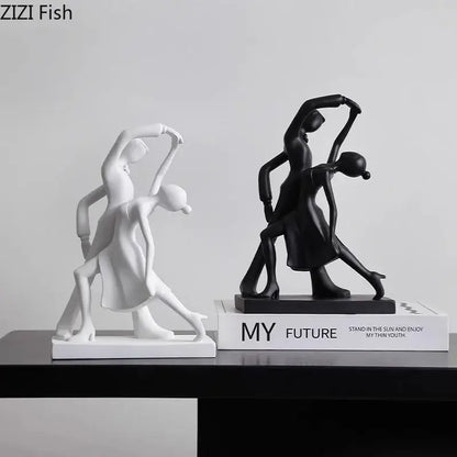 Minimalist white and black abstract figures sculpture made of smooth resin for living room decor capturing dynamic movement