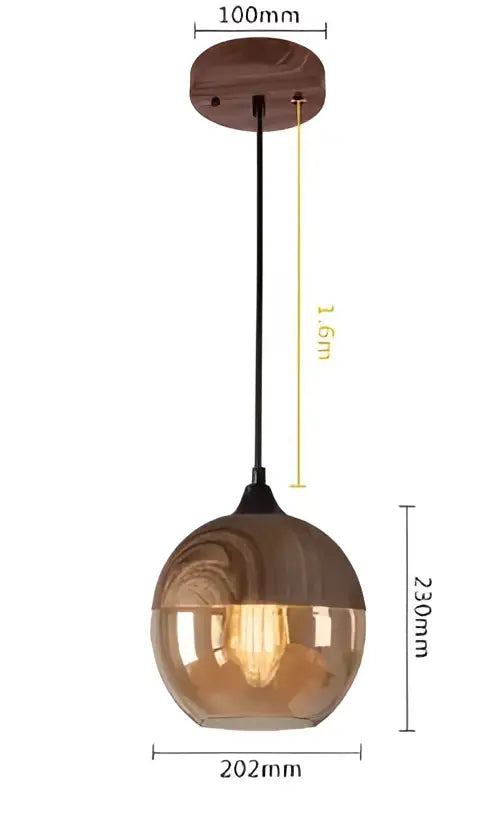 Minimalist warm-toned glass pendant light with wooden top and black cord for bedroom use