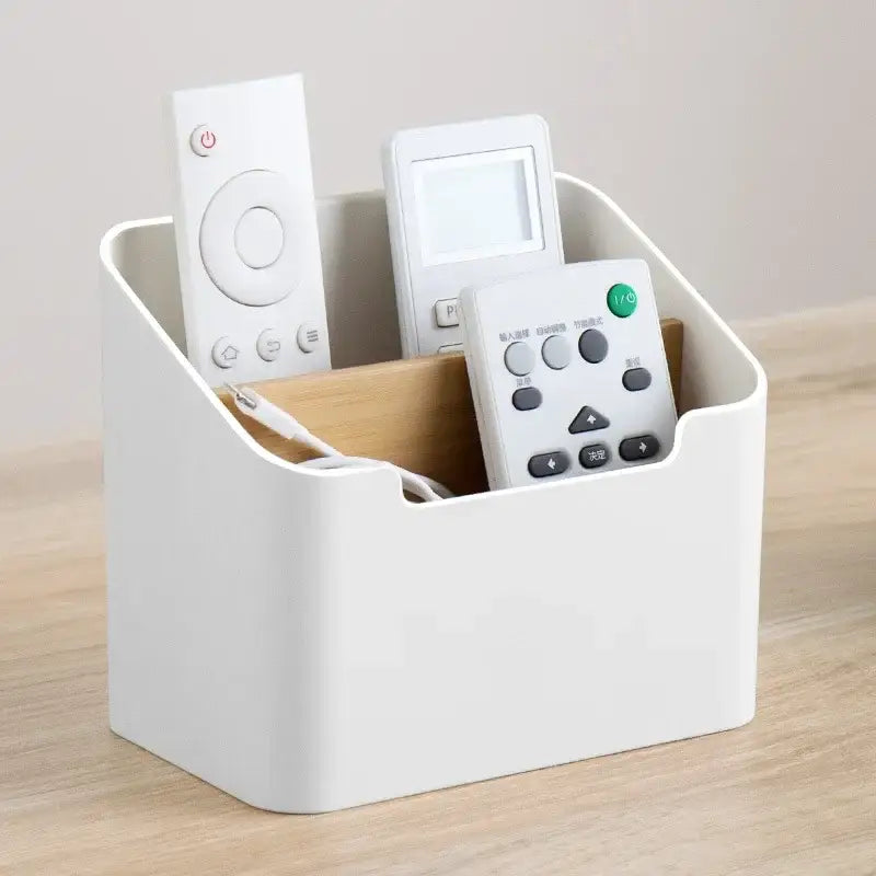 Minimalist white plastic storage rack with wooden interior compartment for office supplies and remote control organization