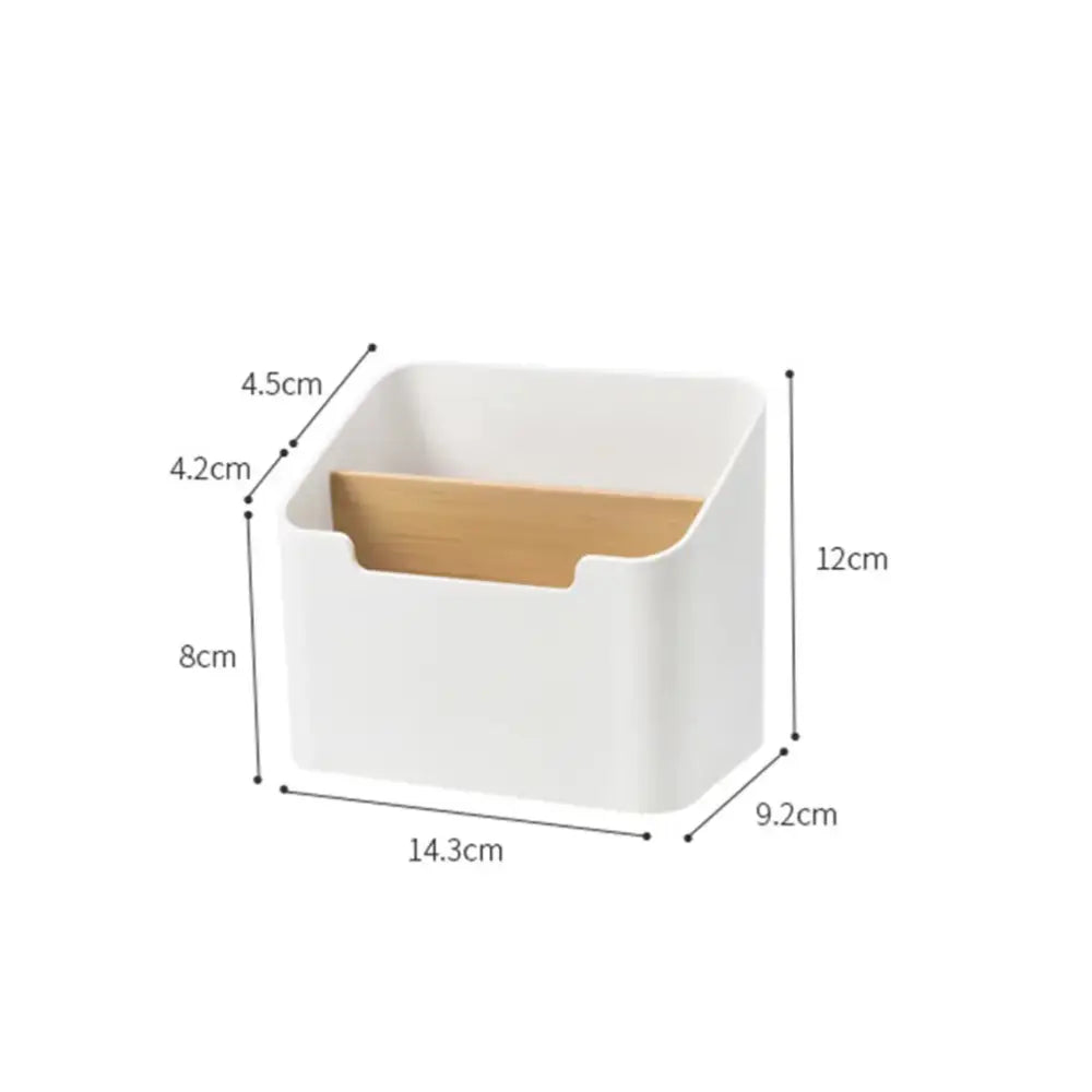 Minimalist white storage rack with light wood divider designed as an office supplies storage solution