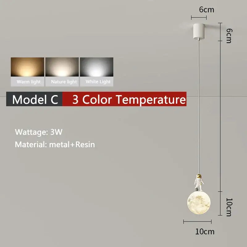Minimalist white astronaut pendant light for children’s bedroom crafted from metal and resin with moon-shaped base
