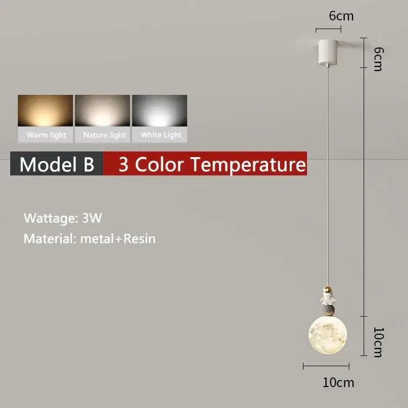 Minimalist white astronaut pendant light featuring a spherical resin moon globe with warm white lighting options