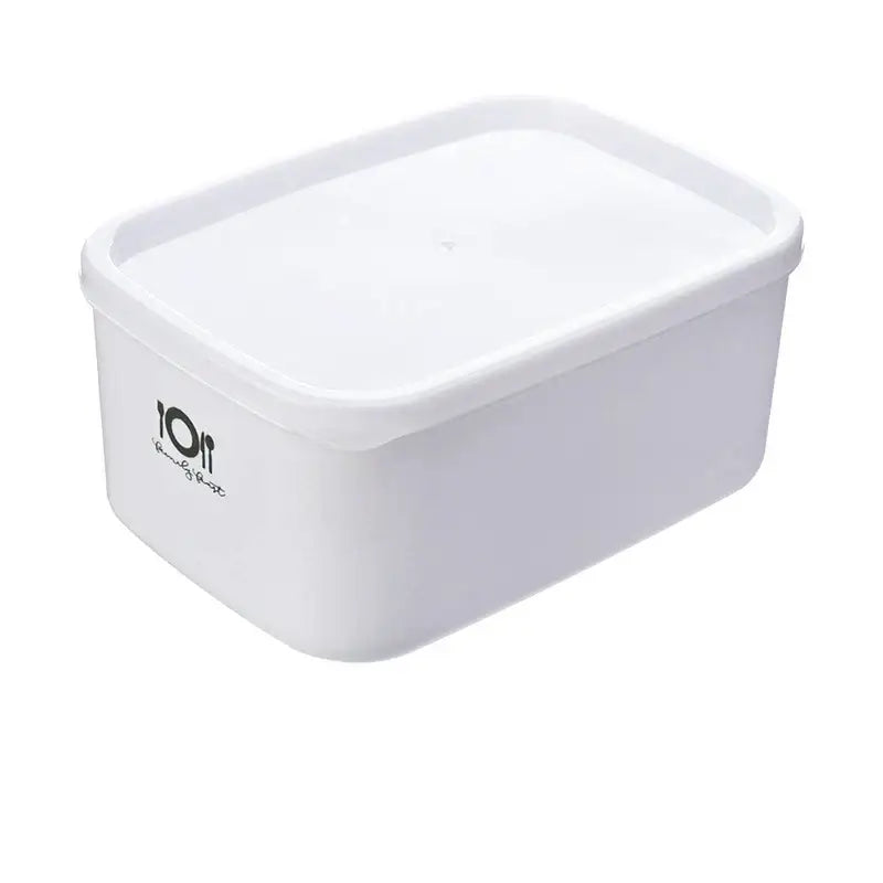 Minimalist white plastic bento box with matching lid and black decorbites bento logo for kitchen food storage