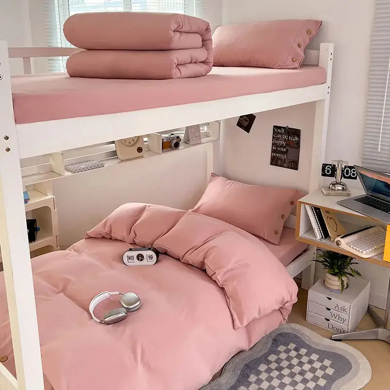 Minimalist pink bunk bed set with decorbites buttoned washed cotton bedding set and matching pillows for bedroom decor