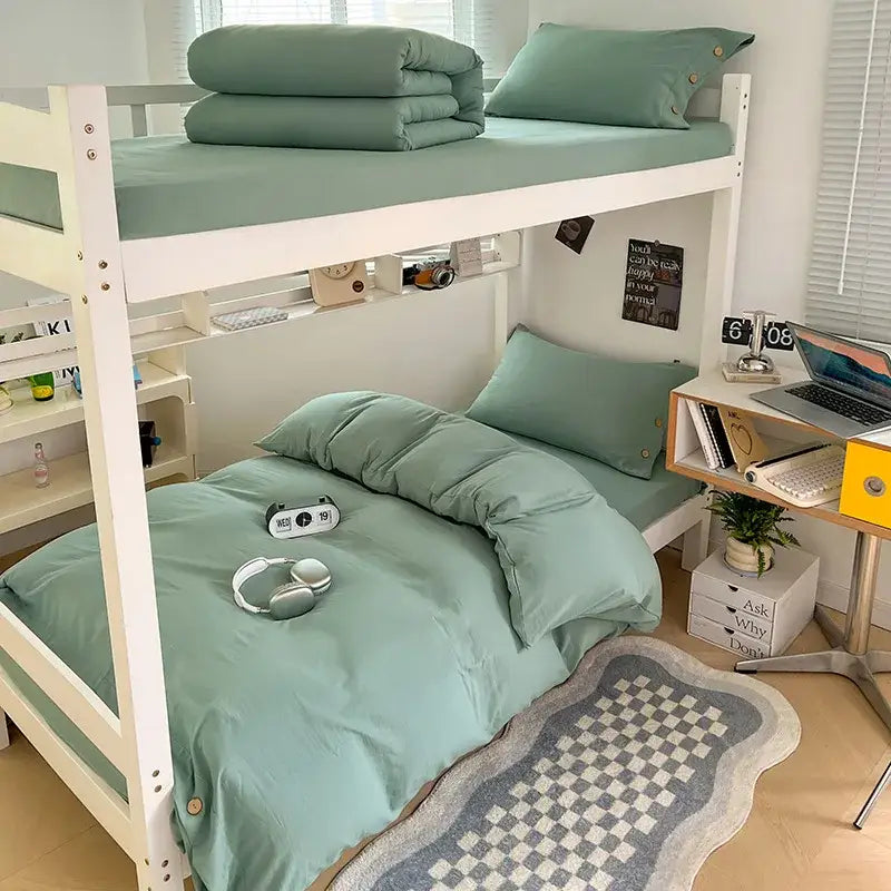 Mint green bunk bed with matching decorbites buttoned washed cotton bedding set for minimalist bedroom decor