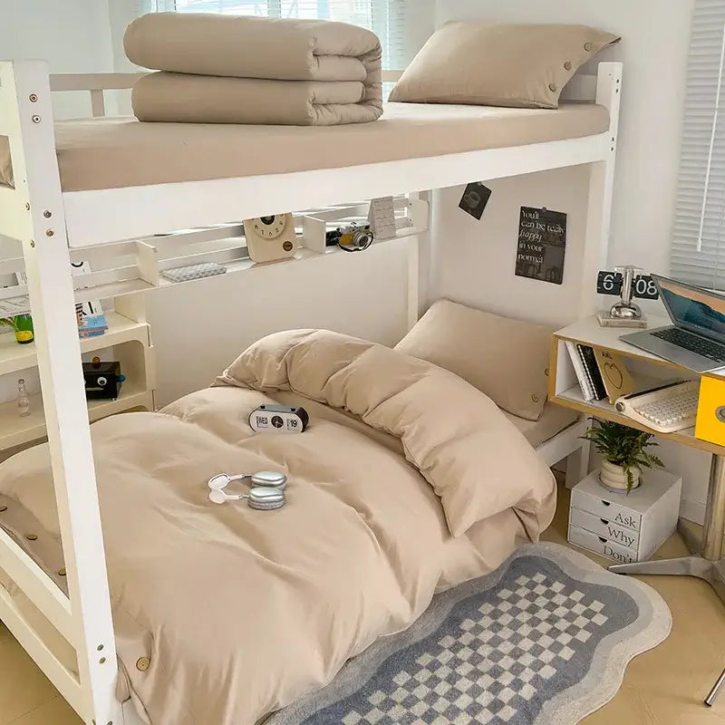 Beige bunk bed with white frame dressed in decorbites buttoned washed cotton bedding set for minimalist bedroom decor
