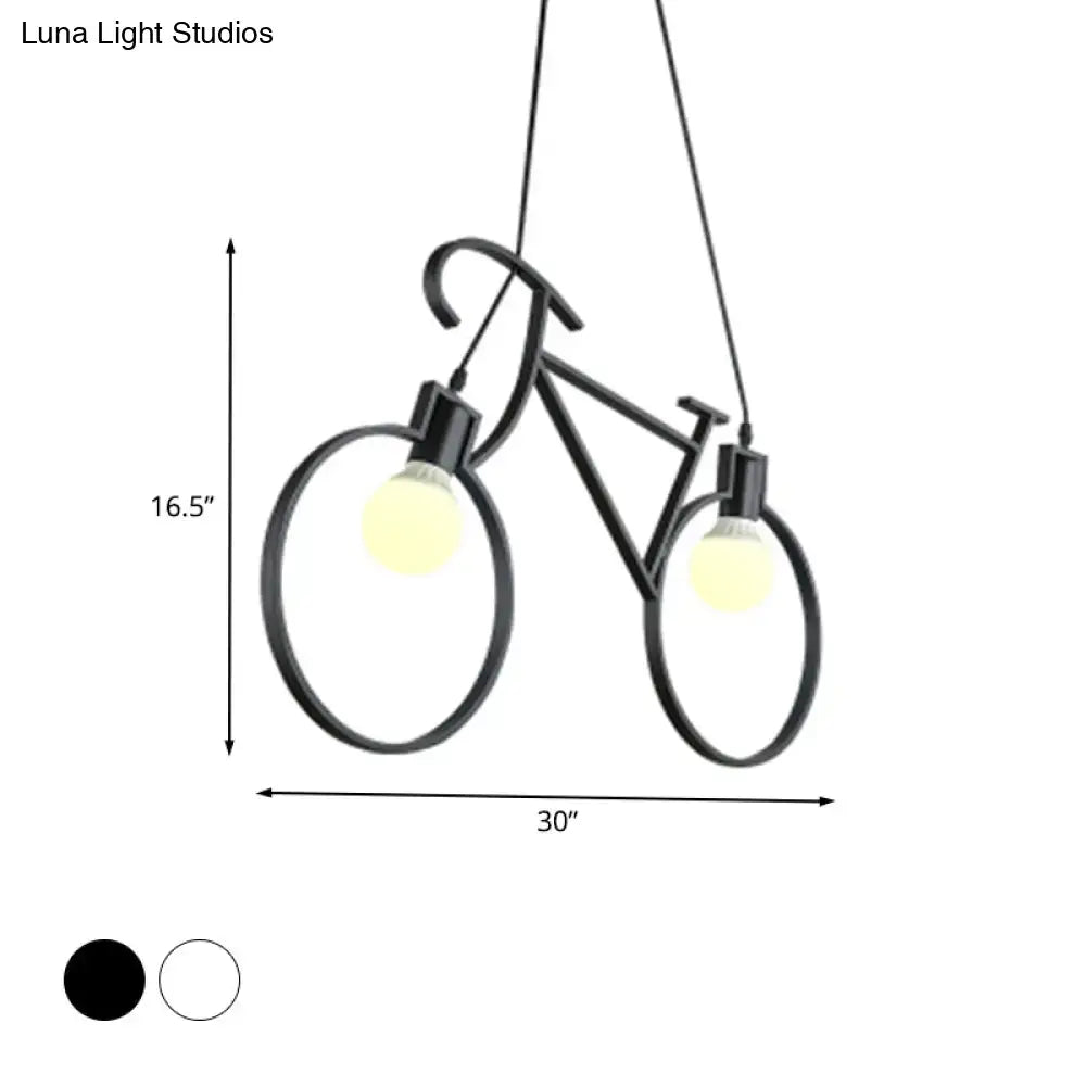 Black metal city bike pendant light with open bulb design and two glowing bulbs suitable for 220v-240v 110v-120v use