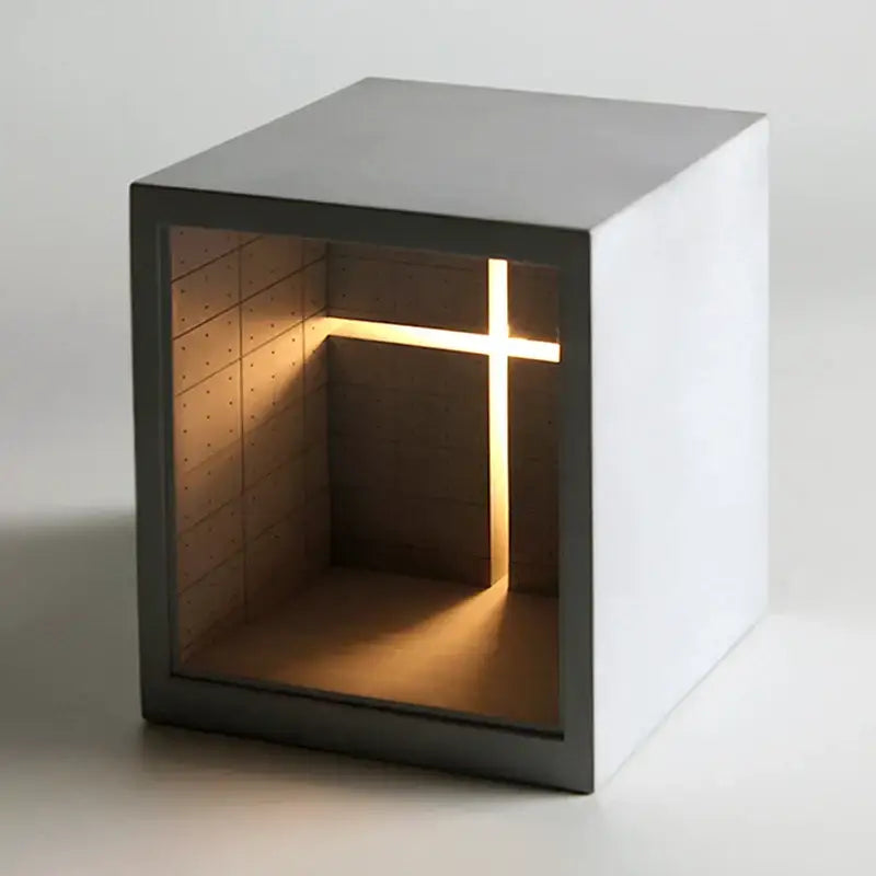 Minimalist white concrete church table lamp with dark gray frame and illuminated cross for bedroom night light decorbites concrete church