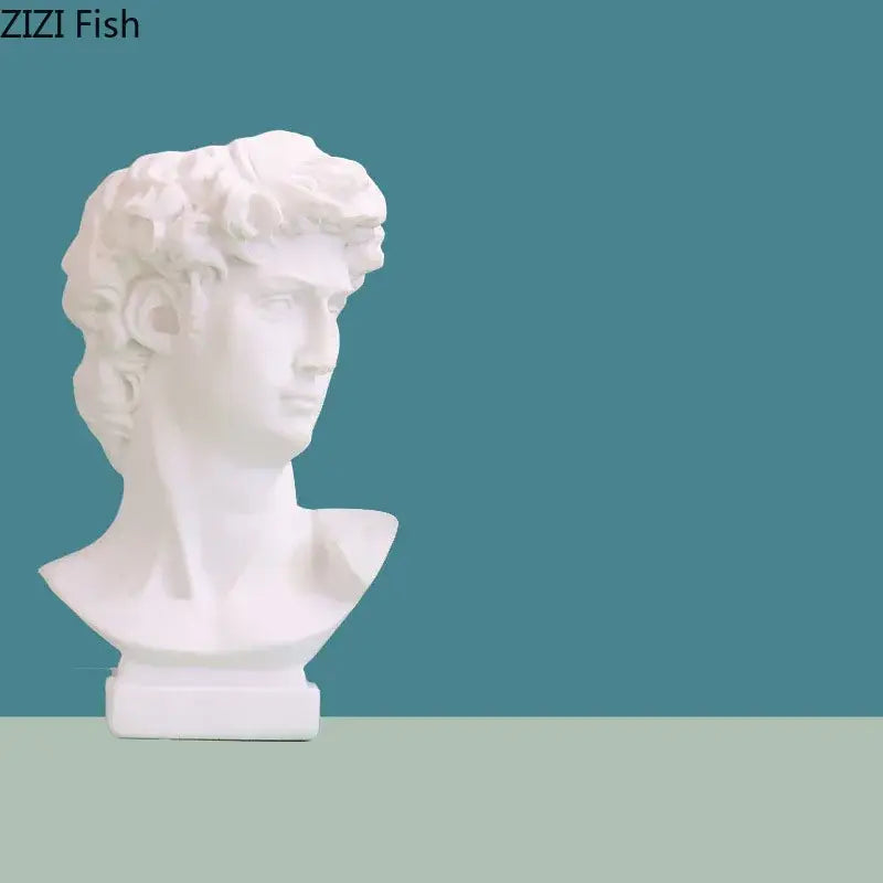 Minimalist white david portrait resin sculpture with detailed curly hair as elegant living room decor by decorbites david portrait