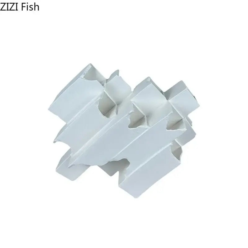 Minimalist white geometric ceramic desk ornament featuring interlocking white plastic aquarium filter media design decorbites geometric ceramic