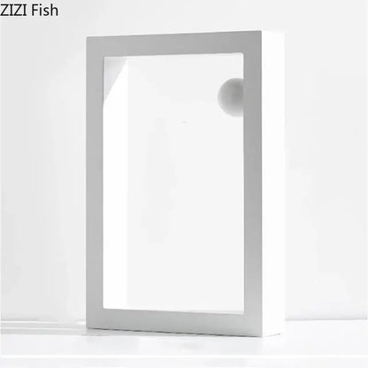 Minimalist white rectangular display frame with clear glass and small knob for decorbites geometric circle desk ornament