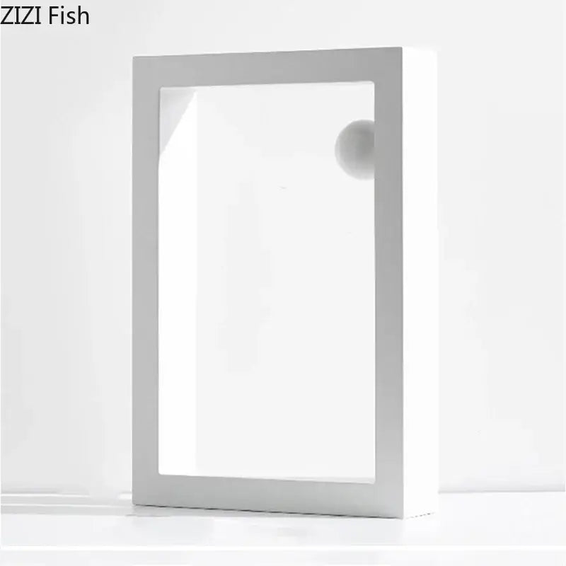 Minimalist white rectangular display frame with clear glass and small knob for decorbites geometric circle desk ornament