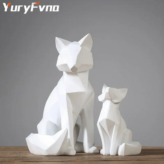 Minimalist white geometric fox sculpture and dog figurines with clean lines for living room decor