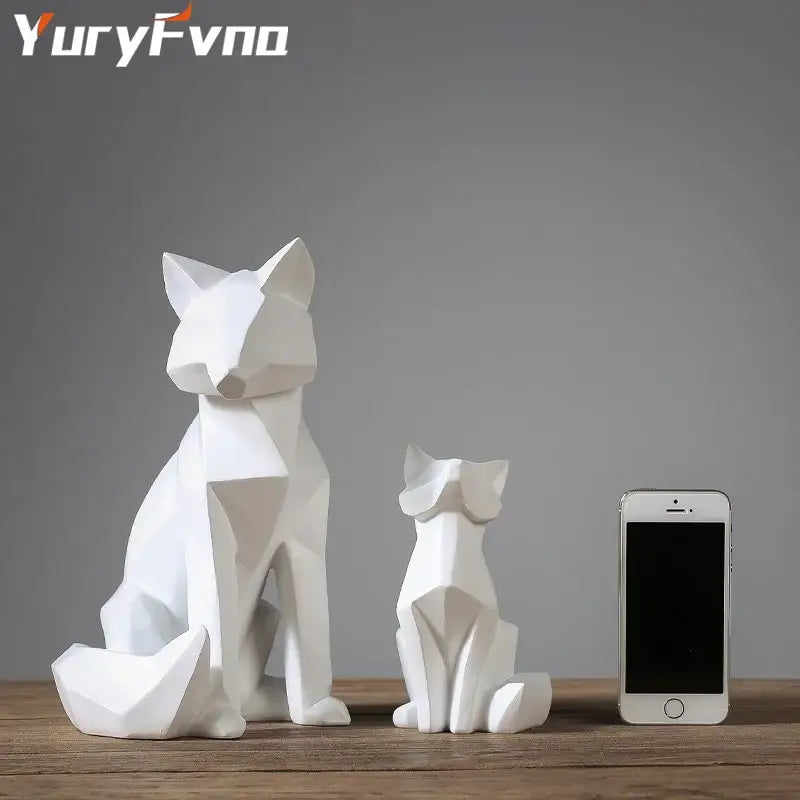 Minimalist white geometric fox sculpture set crafted from smooth resin with angular facets for living room decor