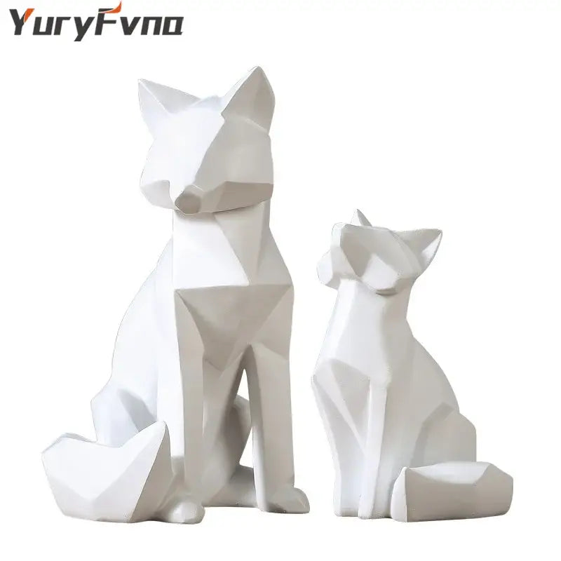 Minimalist white geometric fox sculpture with angular faceted surfaces for living room decor